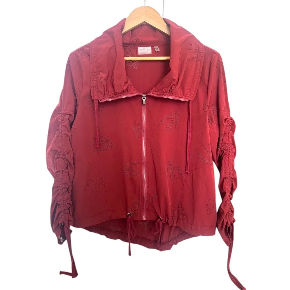 Nanette Lepore Burgundy Laser Cut Perforated Bird Zip Up Jacket‎ Ruched Sleeve M